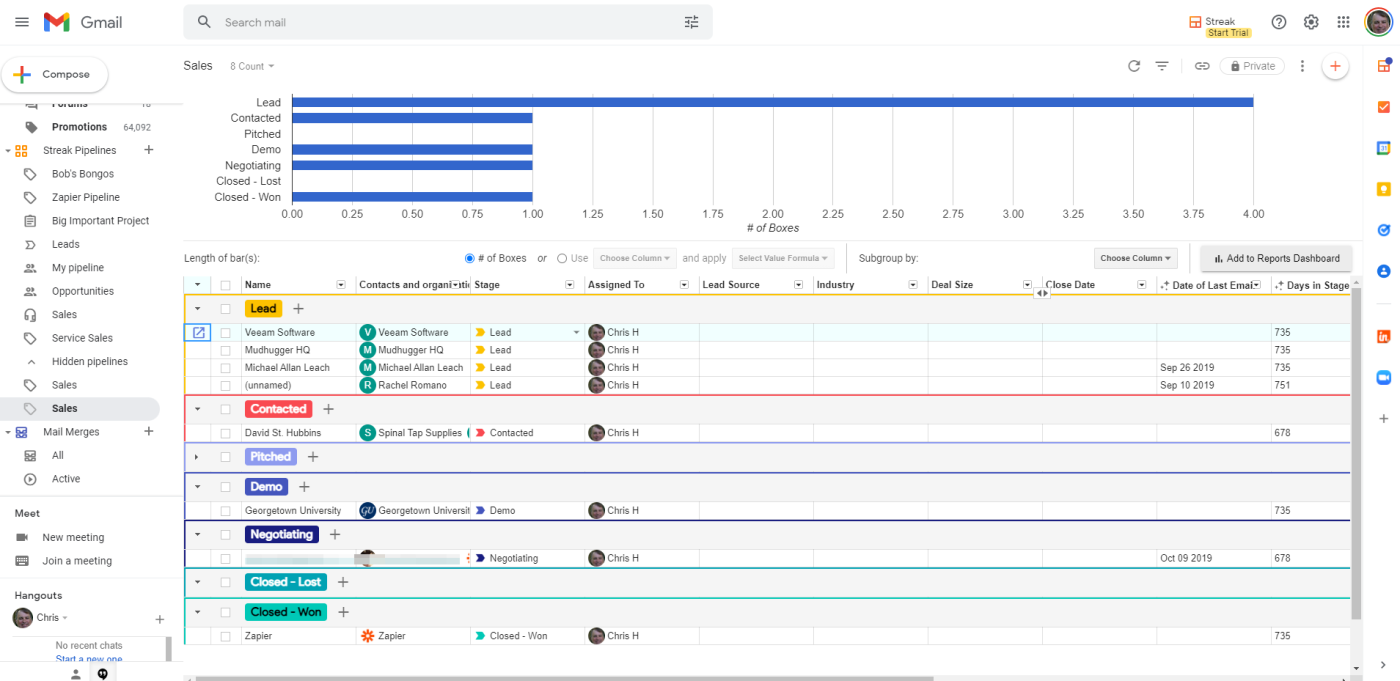Zrzut ekranu Streak w skrzynce odbiorczej Gmaila, najlepsze bezpłatne oprogramowanie CRM