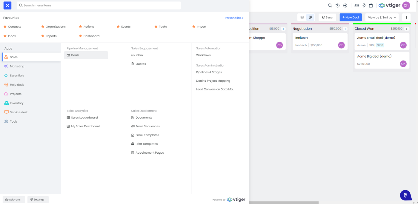 Zrzut ekranu Vtiger, najlepsze bezpłatne oprogramowanie CRM