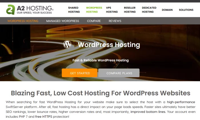 Strona powitalna A2 Hosting dla najlepszego hostingu WordPress