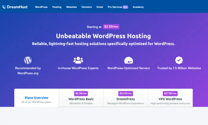 Strona powitalna DreamHost dla najlepszego hostingu WordPress