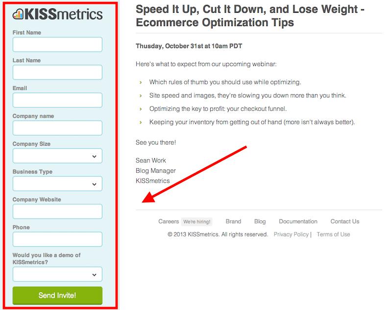 Formularz rejestracyjny na seminarium internetowe KISSmetrics 