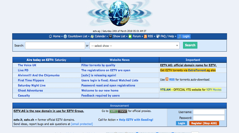 EZTV homepage